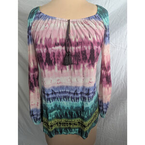 Elaua Kattau Tie Dyed Sheer Long Sleeve Blouse Women's Sz S Boho Festival Hippie
